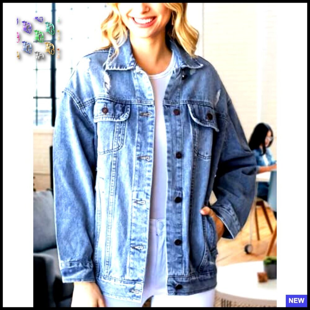 Oversized Denim Jacket Distressed Ripped Drop Shoulder Casual Coat Women's - Picture 3 of 7